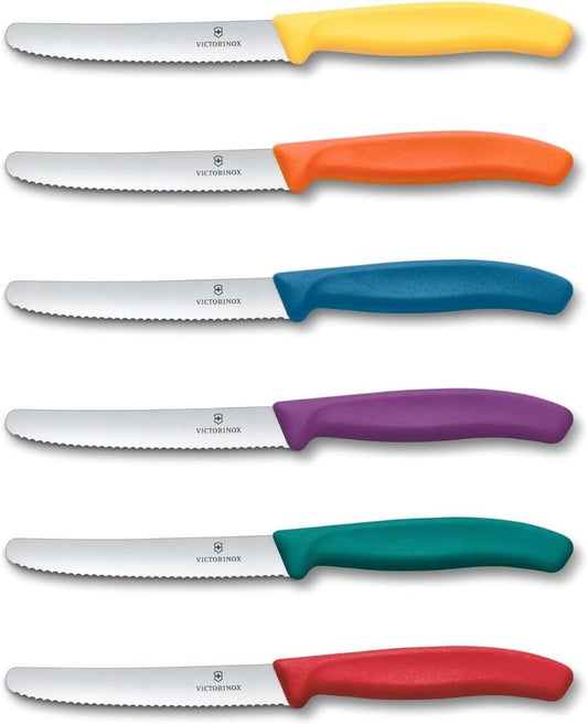 Swiss Classic 6-Piece Utility Knife Set - 4.5 in Serrated Blades | Wavy edge tomato and table knives with ergonomic handles. Colorful 6-pack of stainless steel blades for fruit and bread