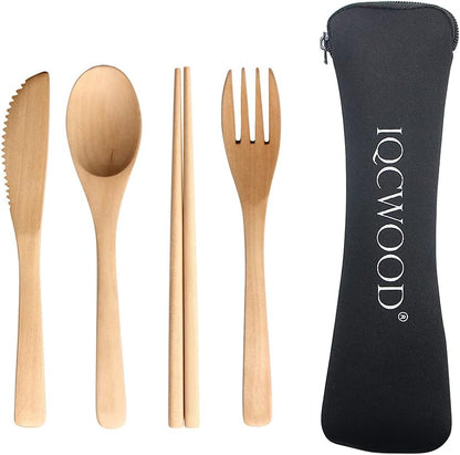 Portable Wooden Cutlery Set for Travel and Camping - 4 Piece Set With Reusable Wooden Spoon, Fork, Knife and Chopsticks