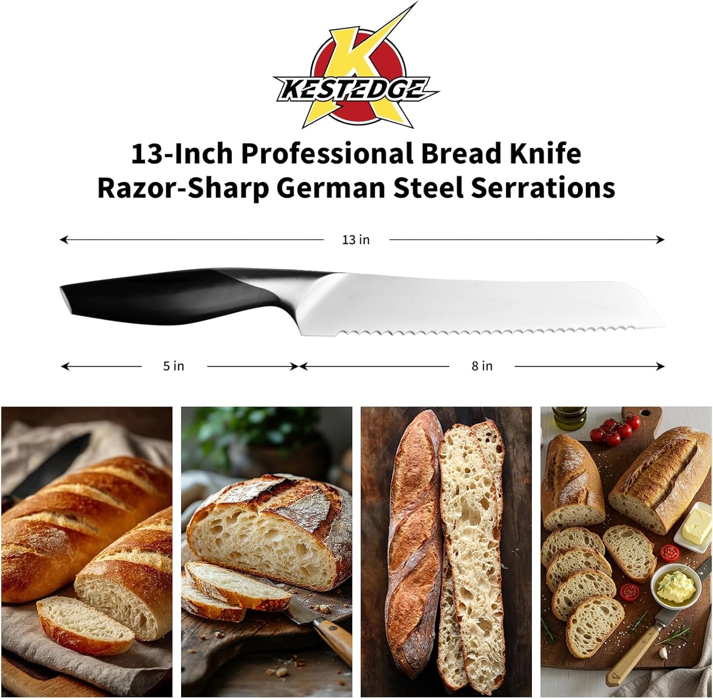 8 Inch Serrated Bread Knife German Steel for Sourdough | German 1.4116 Steel Dolphin-Curved Serrated Blade Ambidextrous Handle Full Tang for Sourdough and Artisan Breads
