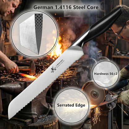 8 Inch Serrated Bread Knife German Steel for Sourdough | German 1.4116 Steel Dolphin-Curved Serrated Blade Ambidextrous Handle Full Tang for Sourdough and Artisan Breads