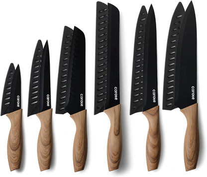 12-Piece Knife Set, Knives with Wood-Grain Finish Handles, Black