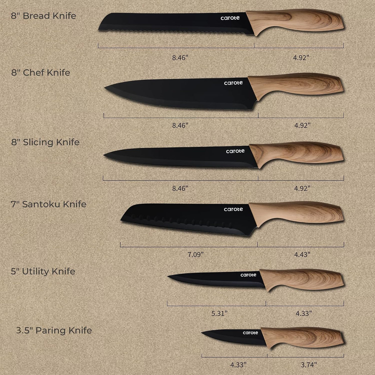 12-Piece Knife Set, Knives with Wood-Grain Finish Handles, Black