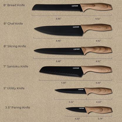 12-Piece Knife Set, Knives with Wood-Grain Finish Handles, Black