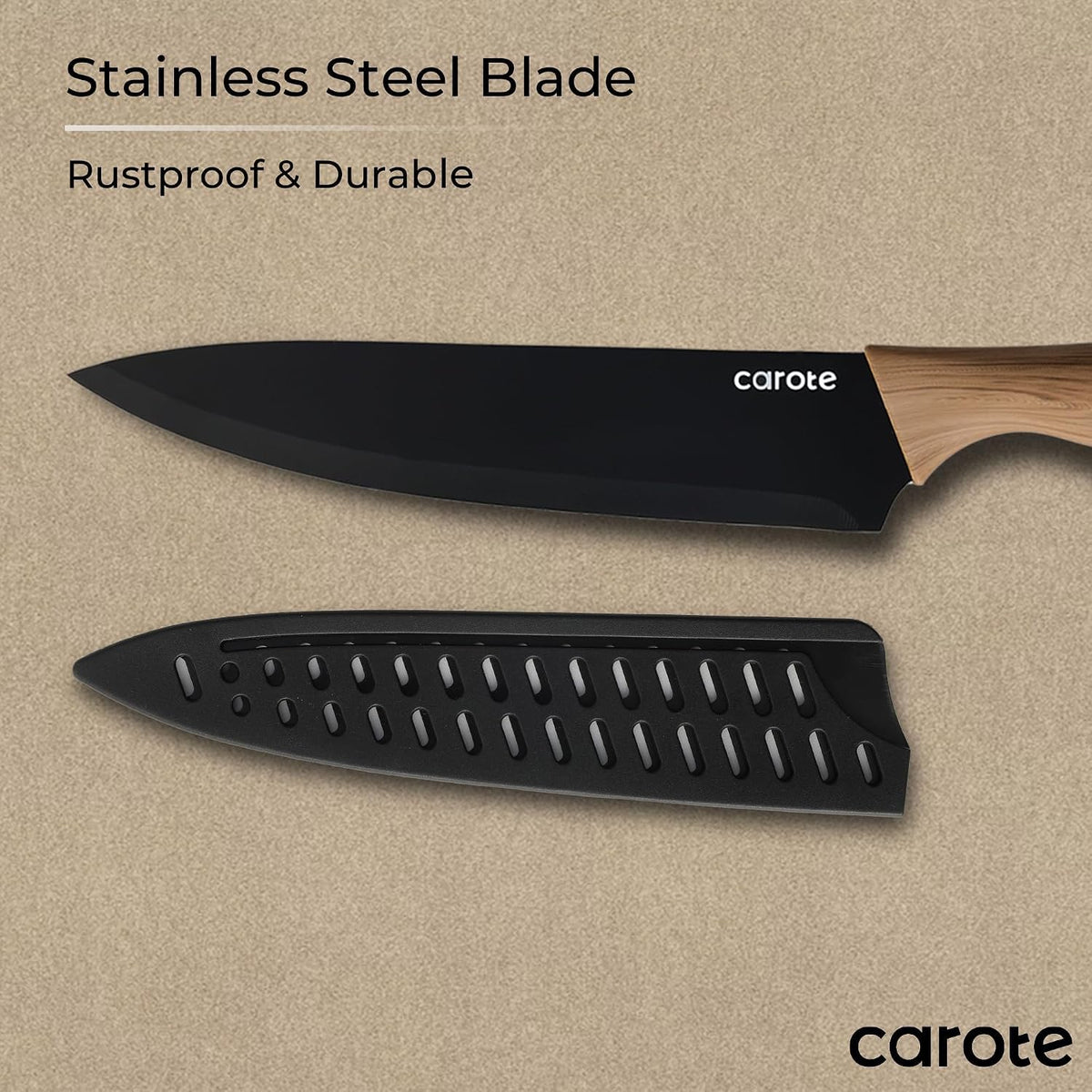 12-Piece Knife Set, Knives with Wood-Grain Finish Handles, Black