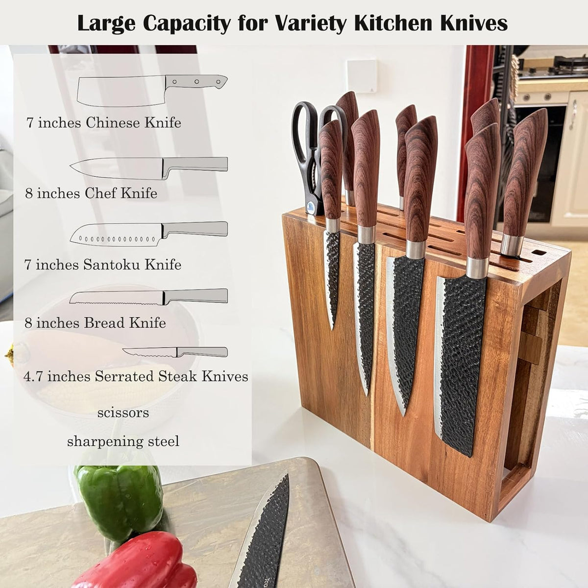 Wood Magnetic Knife Block with 14 Knife Slots for Kitchen Counter | Double Sieded Magnetic Hold at Least 20 Knives & Accessories, Acacia Wood,Large Capacity,Save Space,Easy to Clean & Move