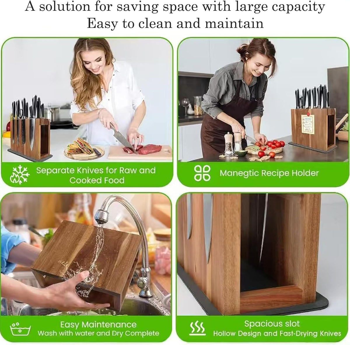 Wood Magnetic Knife Block with 14 Knife Slots for Kitchen Counter | Double Sieded Magnetic Hold at Least 20 Knives & Accessories, Acacia Wood,Large Capacity,Save Space,Easy to Clean & Move