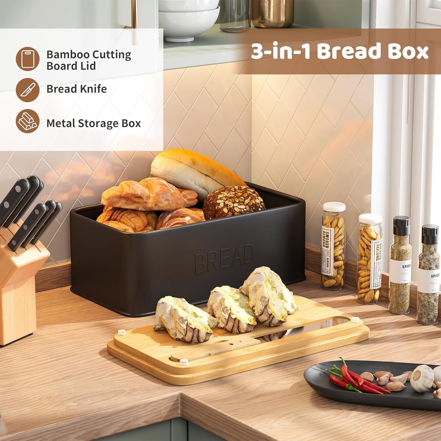 Metal Bread Box with Bamboo Cutting Board Lid, Bread Box with Bread Knife for Kitchen Countertop Countertop Storage for Homemade Bread, Bagels & Muffins (White, M)
