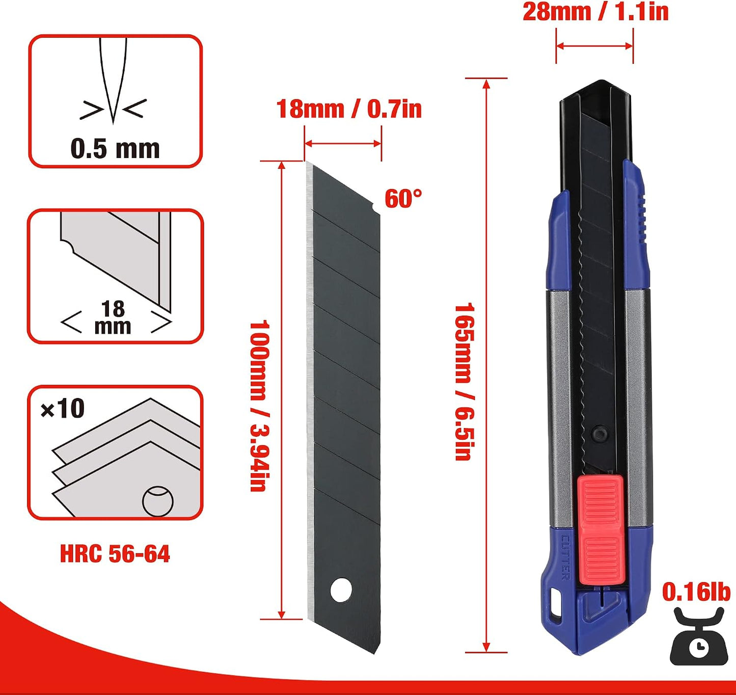 18mm Retractable Utility Knife with 10-Piece SK5 Blades | Heavy Duty Snap-off Box Cutter, For Cartons, Cardboard and Boxes, Perfect for Office and Home Use
