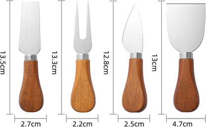 Cheese Knife Set with Acacia Wood Handles - Cheese Knife, Spreader, Fork, Slicer - Mini Stainless Steel Cheese Tools for Charcuterie Boards (4Pcs/Set, S)