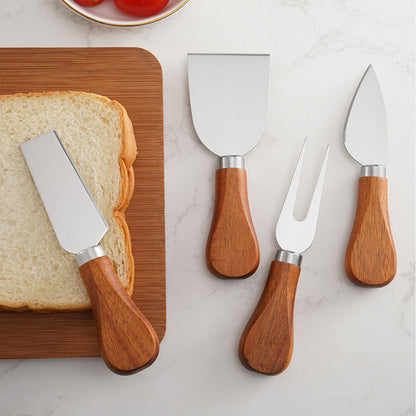 Cheese Knife Set with Acacia Wood Handles - Cheese Knife, Spreader, Fork, Slicer - Mini Stainless Steel Cheese Tools for Charcuterie Boards (4Pcs/Set, S)