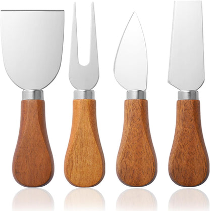 Cheese Knife Set with Acacia Wood Handles - Cheese Knife, Spreader, Fork, Slicer - Mini Stainless Steel Cheese Tools for Charcuterie Boards (4Pcs/Set, S)