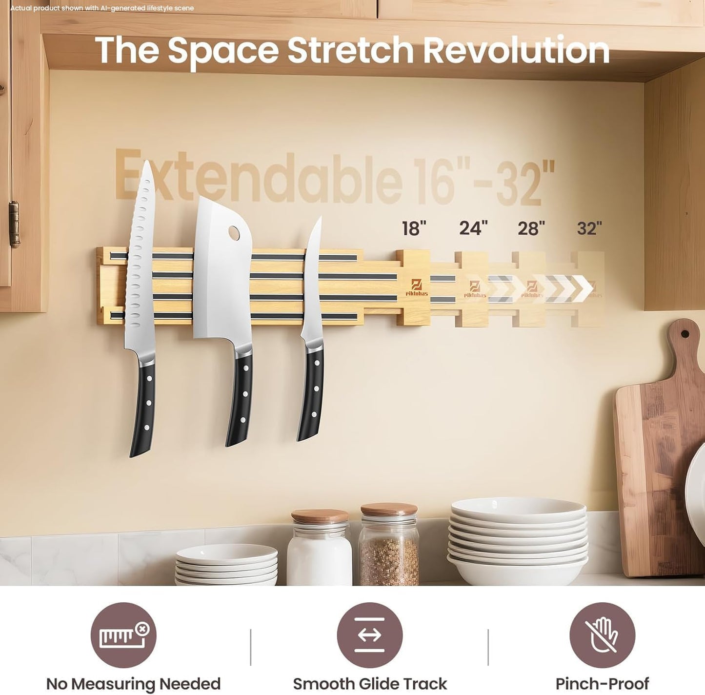 Extendable 32Inch Magnetic Knife Holder for Wall with Screw & Adhesive Mounting, Wood Magnetic Knife Strip from 16 to 32 Inch for Knife Bar, Knife Holder, Kitchen Utensil Organizer or Tool Room