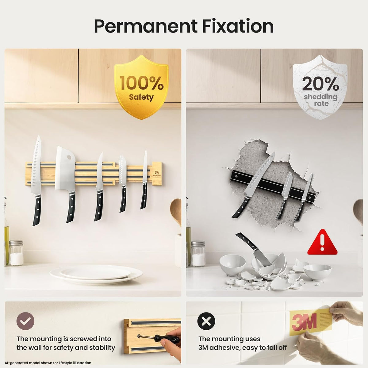 Extendable 32Inch Magnetic Knife Holder for Wall with Screw & Adhesive Mounting, Wood Magnetic Knife Strip from 16 to 32 Inch for Knife Bar, Knife Holder, Kitchen Utensil Organizer or Tool Room