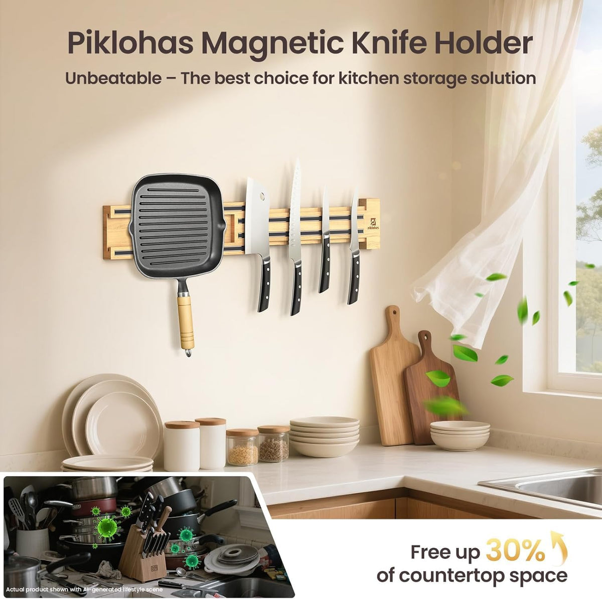 Extendable 32Inch Magnetic Knife Holder for Wall with Screw & Adhesive Mounting, Wood Magnetic Knife Strip from 16 to 32 Inch for Knife Bar, Knife Holder, Kitchen Utensil Organizer or Tool Room