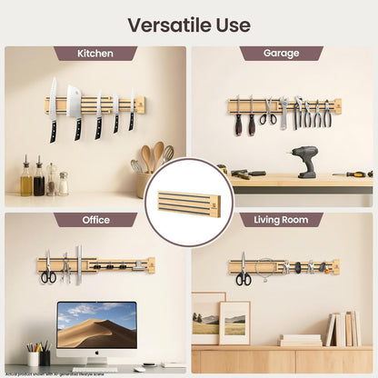 Extendable 32Inch Magnetic Knife Holder for Wall with Screw & Adhesive Mounting, Wood Magnetic Knife Strip from 16 to 32 Inch for Knife Bar, Knife Holder, Kitchen Utensil Organizer or Tool Room