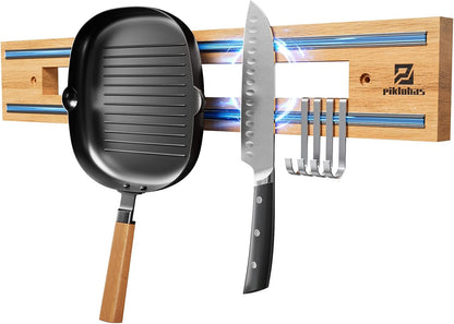 Extendable 32Inch Magnetic Knife Holder for Wall with Screw & Adhesive Mounting, Wood Magnetic Knife Strip from 16 to 32 Inch for Knife Bar, Knife Holder, Kitchen Utensil Organizer or Tool Room