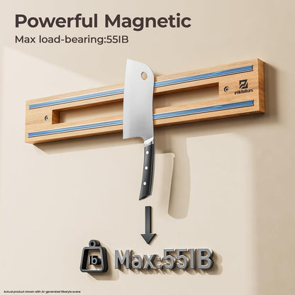 Extendable 32Inch Magnetic Knife Holder for Wall with Screw & Adhesive Mounting, Wood Magnetic Knife Strip from 16 to 32 Inch for Knife Bar, Knife Holder, Kitchen Utensil Organizer or Tool Room