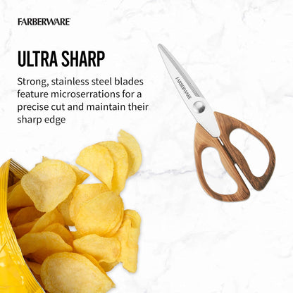 All-Purpose Kitchen Shears with Faux Wood-Grain Finish Handles, Stainless Steel Blades, Multipurpose Scissors for Meat, Herbs, and More