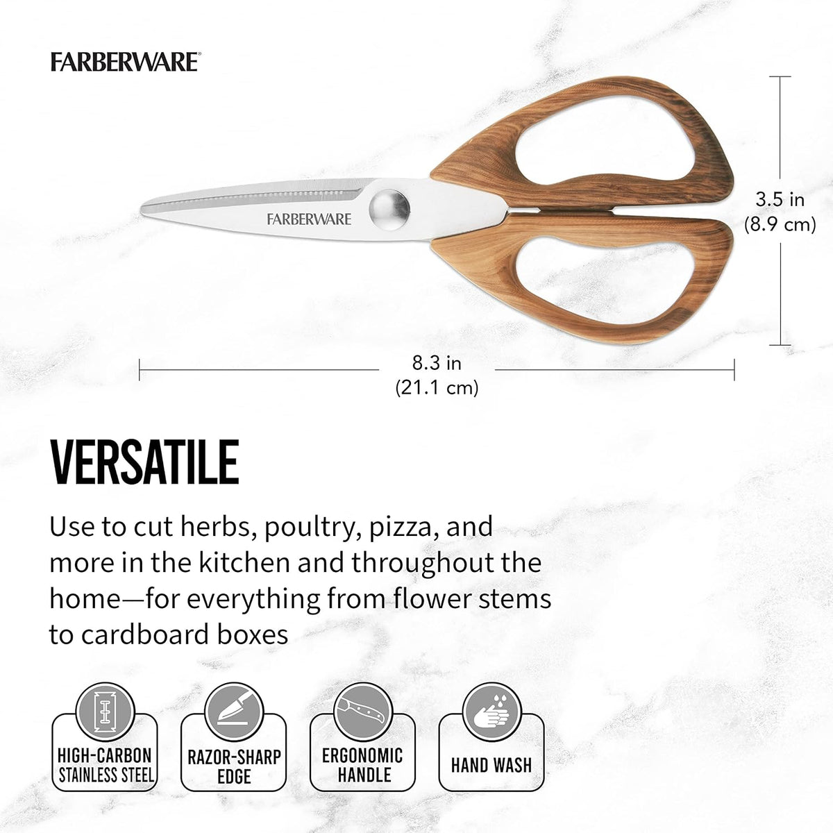 All-Purpose Kitchen Shears with Faux Wood-Grain Finish Handles, Stainless Steel Blades, Multipurpose Scissors for Meat, Herbs, and More
