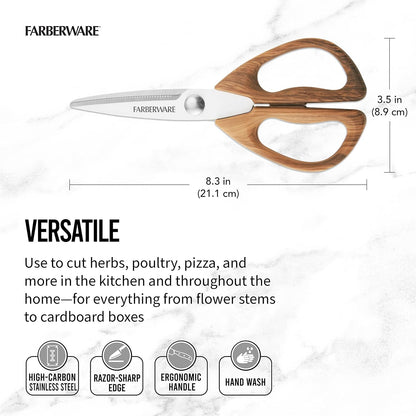 All-Purpose Kitchen Shears with Faux Wood-Grain Finish Handles, Stainless Steel Blades, Multipurpose Scissors for Meat, Herbs, and More