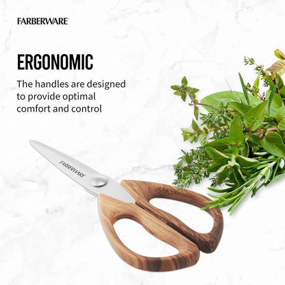 All-Purpose Kitchen Shears with Faux Wood-Grain Finish Handles, Stainless Steel Blades, Multipurpose Scissors for Meat, Herbs, and More