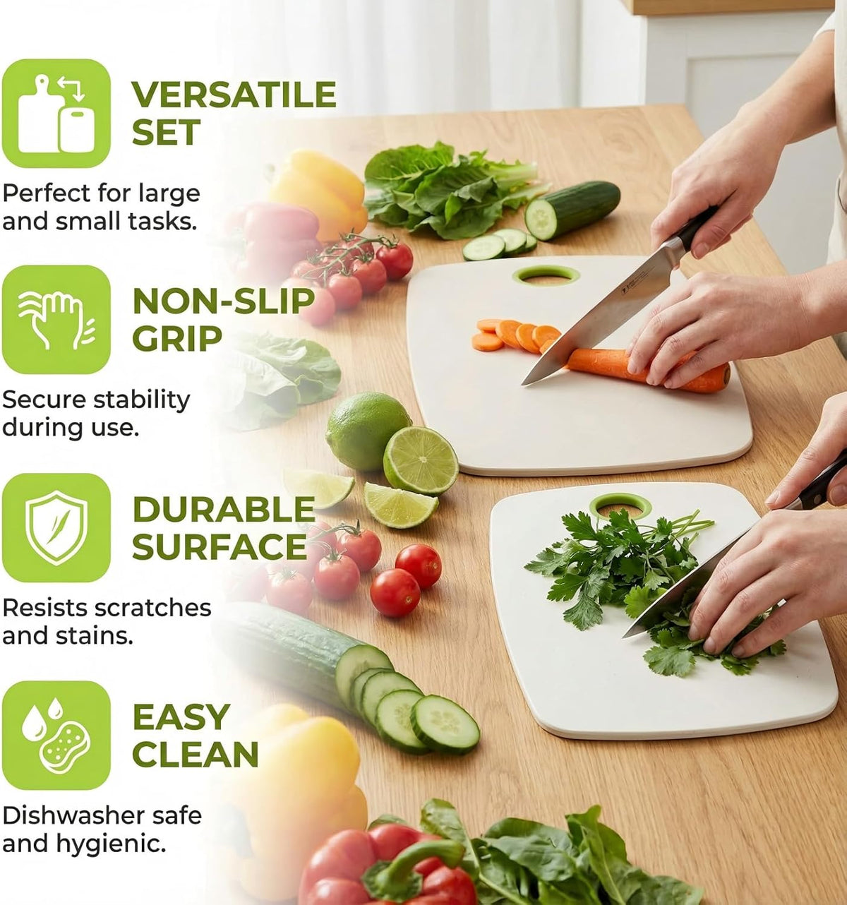 2-Piece Wheat Straw Cutting Boards Set, 2 Sizes with Secure Non-Slip Base, Dishwasher Safe, Gentle on Knives, Plastic - Gluten Free & BPA Free Chopping Boards for Kitchen