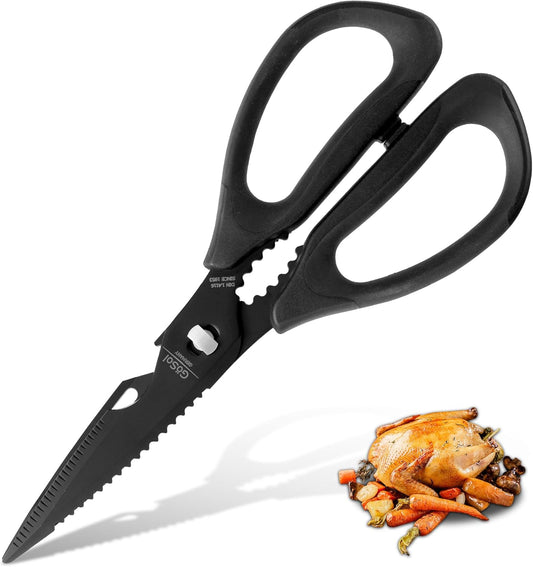 Kitchen Shears Kitchen Scissors Come Apart Kitch Scissor for Food Heavy Duty Chicken Bone Nutcracker Bottle Can Opener Shears with Serrated Blade Premium Black Titanium Plated Stainless Steel 01A