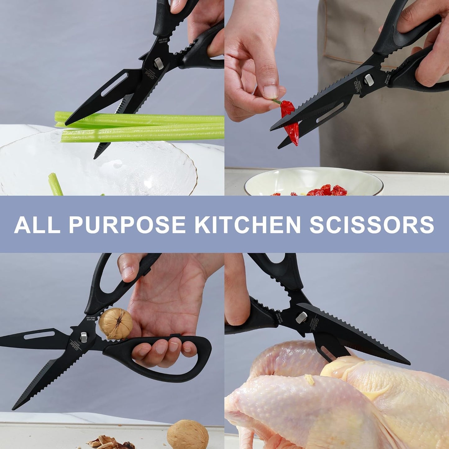 Kitchen Shears Kitchen Scissors Come Apart Kitch Scissor for Food Heavy Duty Chicken Bone Nutcracker Bottle Can Opener Shears with Serrated Blade Premium Black Titanium Plated Stainless Steel 01A