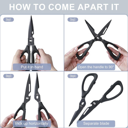 Kitchen Shears Kitchen Scissors Come Apart Kitch Scissor for Food Heavy Duty Chicken Bone Nutcracker Bottle Can Opener Shears with Serrated Blade Premium Black Titanium Plated Stainless Steel 01A