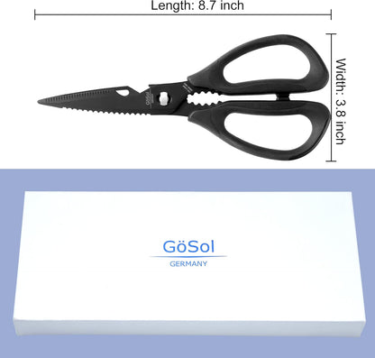 Kitchen Shears Kitchen Scissors Come Apart Kitch Scissor for Food Heavy Duty Chicken Bone Nutcracker Bottle Can Opener Shears with Serrated Blade Premium Black Titanium Plated Stainless Steel 01A