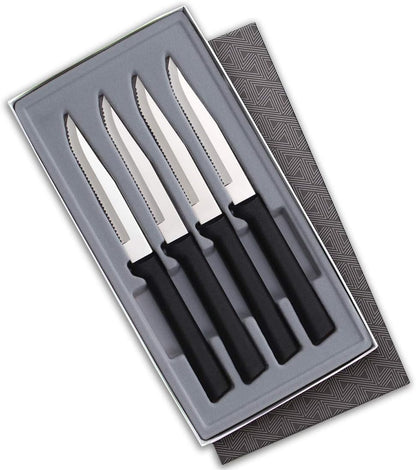 Four Serrated Steak Knives Gift Set (G24S), Black Handle | 4-Piece Knife Set , Stainless Steel Blade, Black Resin Handle