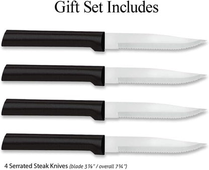 Four Serrated Steak Knives Gift Set (G24S), Black Handle | 4-Piece Knife Set , Stainless Steel Blade, Black Resin Handle
