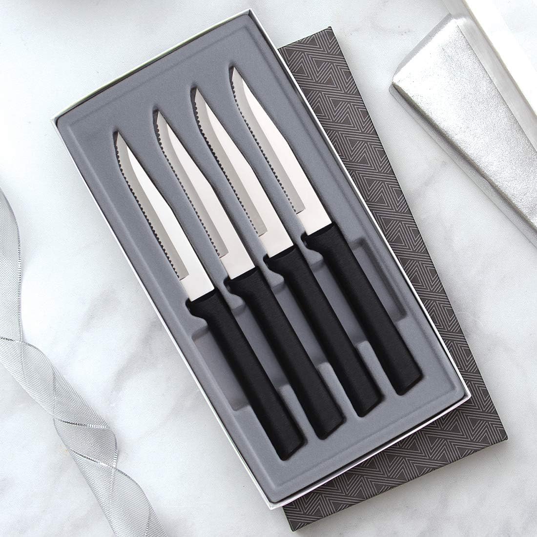 Four Serrated Steak Knives Gift Set (G24S), Black Handle | 4-Piece Knife Set , Stainless Steel Blade, Black Resin Handle