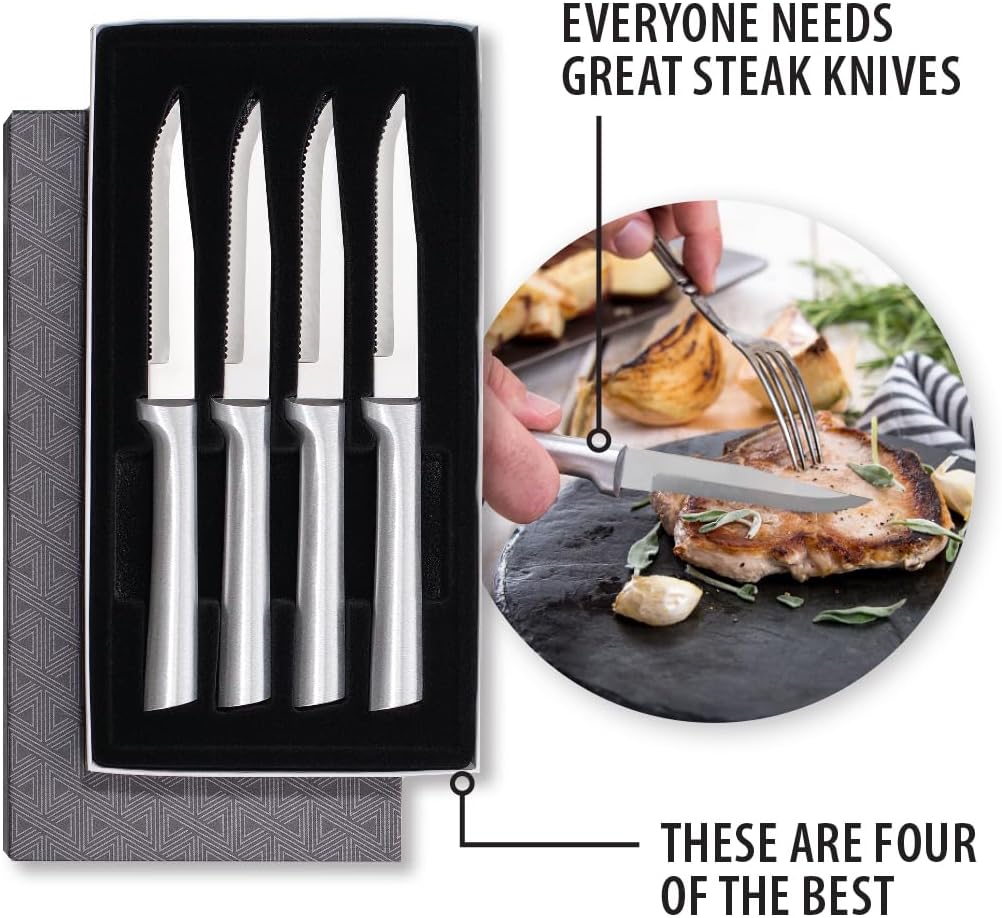 Four Serrated Steak Knives Gift Set (G24S), Black Handle | 4-Piece Knife Set , Stainless Steel Blade, Black Resin Handle