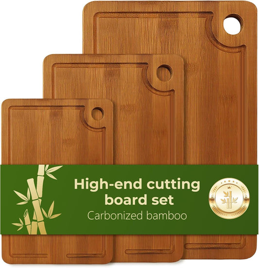 3Pack Bamboo Cutting Board, Wood Cutting Boards Set of 3 for Kitchen with Deep Juice Grooves & Built-in Handles,Vegetables and Fruits Ideal Kitchen Gifts, Ideal Charcuterie & Chopping for Meat