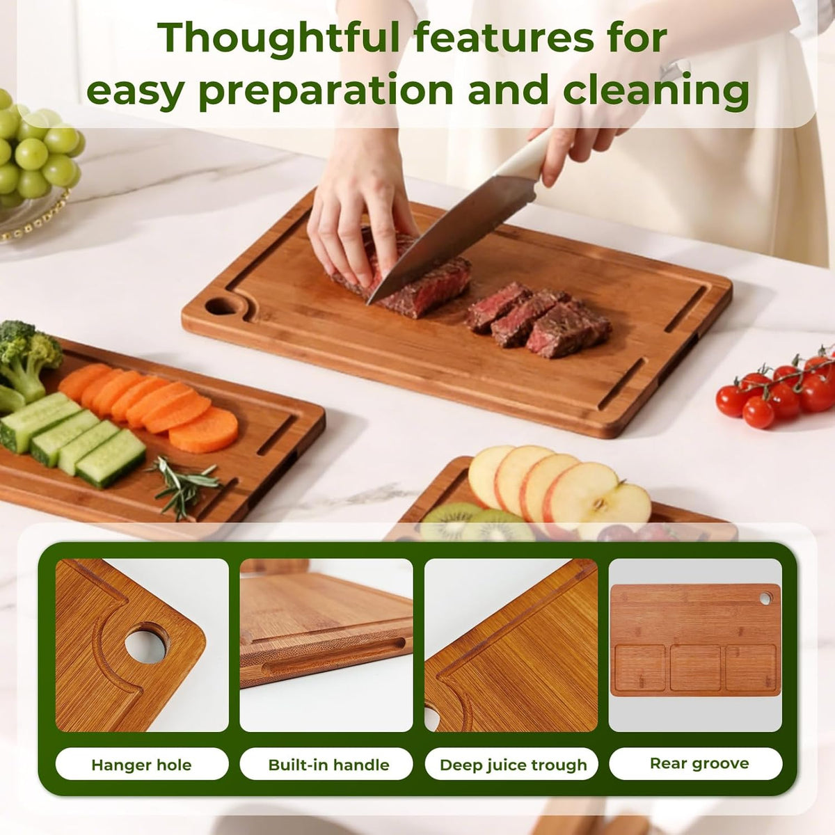 3Pack Bamboo Cutting Board, Wood Cutting Boards Set of 3 for Kitchen with Deep Juice Grooves & Built-in Handles,Vegetables and Fruits Ideal Kitchen Gifts, Ideal Charcuterie & Chopping for Meat