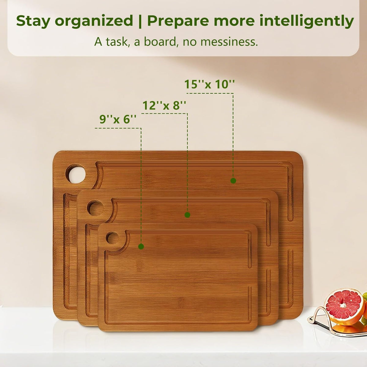 3Pack Bamboo Cutting Board, Wood Cutting Boards Set of 3 for Kitchen with Deep Juice Grooves & Built-in Handles,Vegetables and Fruits Ideal Kitchen Gifts, Ideal Charcuterie & Chopping for Meat