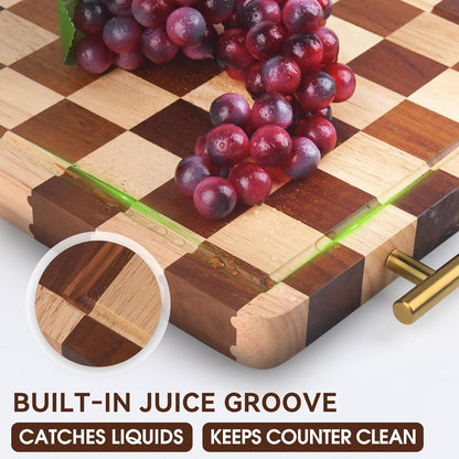 Checkered Cutting Board for Kitchen – 14.9"x 11"x 1.18" Rubber Wood Butcher Block with Juice Groove & Steel Handle, Heavy Duty Non-Slip Chopping Board for Charcuterie, Housewarming Gift