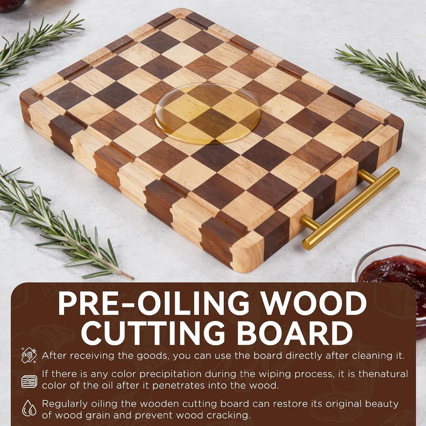 Checkered Cutting Board for Kitchen – 14.9"x 11"x 1.18" Rubber Wood Butcher Block with Juice Groove & Steel Handle, Heavy Duty Non-Slip Chopping Board for Charcuterie, Housewarming Gift