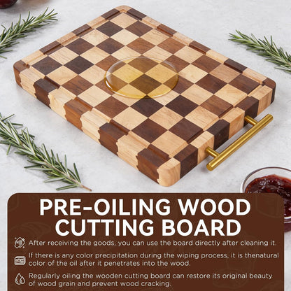 Checkered Cutting Board for Kitchen – 14.9"x 11"x 1.18" Rubber Wood Butcher Block with Juice Groove & Steel Handle, Heavy Duty Non-Slip Chopping Board for Charcuterie, Housewarming Gift