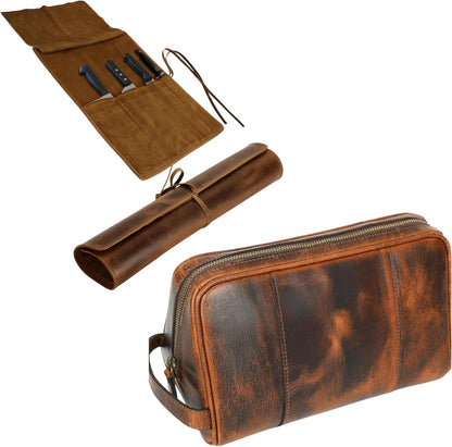 Leather Knife Roll & Toiletry Bag Bundle – 4-Slot Professional Chef Knife Case & Large Hanging Leather Dopp Kit Organizer for Travel, Culinary Tools & Grooming