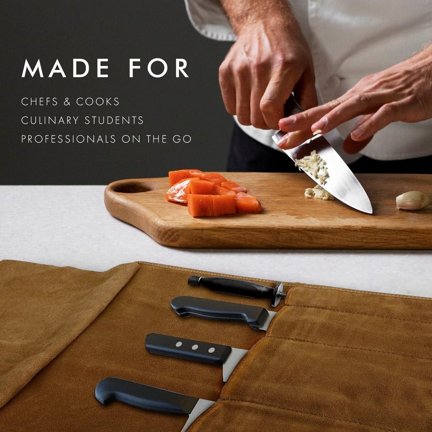 Leather Knife Roll & Toiletry Bag Bundle – 4-Slot Professional Chef Knife Case & Large Hanging Leather Dopp Kit Organizer for Travel, Culinary Tools & Grooming