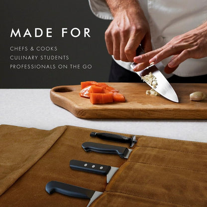 Leather Knife Roll & Toiletry Bag Bundle – 4-Slot Professional Chef Knife Case & Large Hanging Leather Dopp Kit Organizer for Travel, Culinary Tools & Grooming