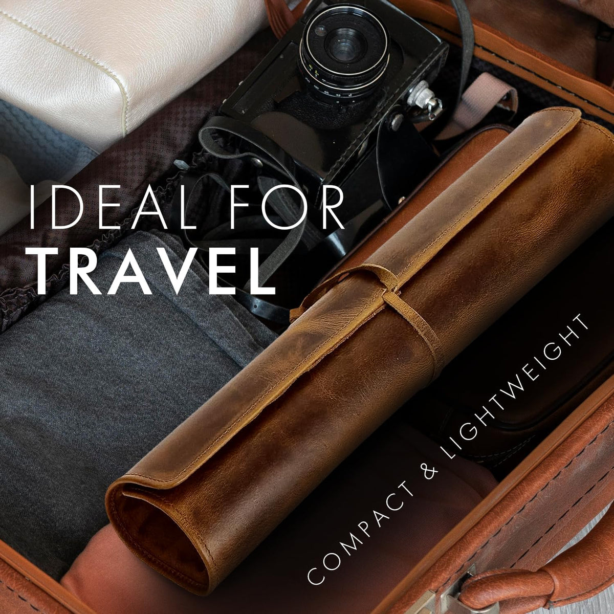 Leather Knife Roll & Toiletry Bag Bundle – 4-Slot Professional Chef Knife Case & Large Hanging Leather Dopp Kit Organizer for Travel, Culinary Tools & Grooming