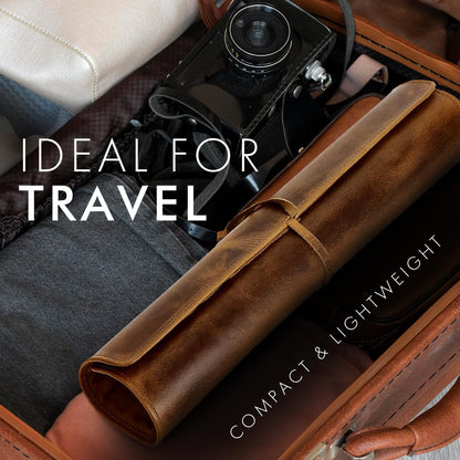 Leather Knife Roll & Toiletry Bag Bundle – 4-Slot Professional Chef Knife Case & Large Hanging Leather Dopp Kit Organizer for Travel, Culinary Tools & Grooming