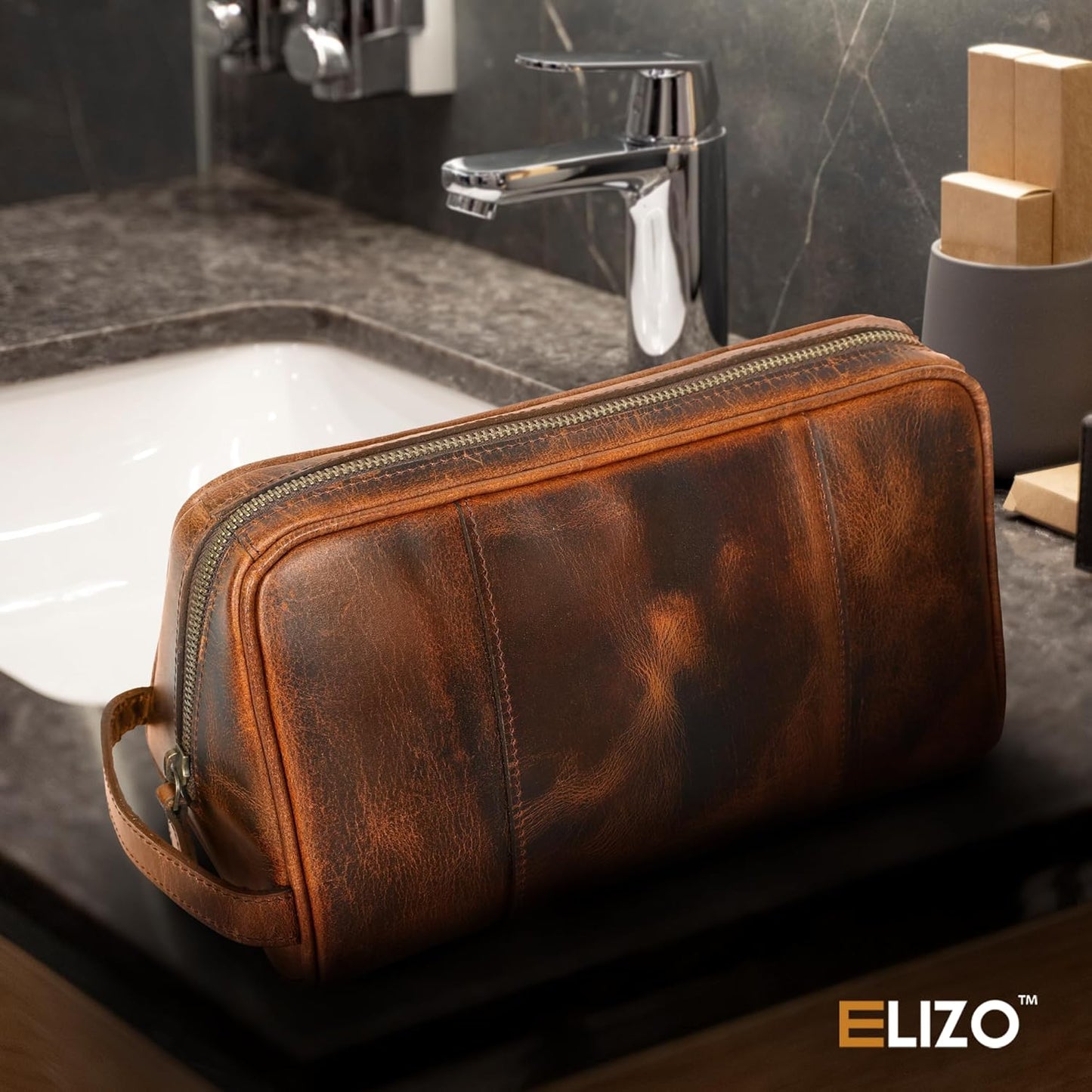 Leather Knife Roll & Toiletry Bag Bundle – 4-Slot Professional Chef Knife Case & Large Hanging Leather Dopp Kit Organizer for Travel, Culinary Tools & Grooming
