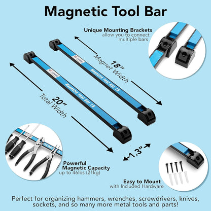 Magnetic Tool Holder 18 Inch, Set of 2 Magnetic Tool Bars, Heavy-Duty Metal Magnet Strip Tool Organizers Rack for Screwdrivers, Pliers, Wrenches, Knives with Wall Mount Brackets and Screws