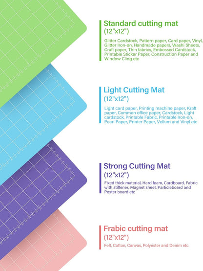 Cutting Mat 12 Pack 12x12, Compatible With Cricut Maker 4/Explore Air & Silhouette Sticky Pad Replacement Accessories, for Crafts Supplies (Standard/Light/Strong/Frabic)