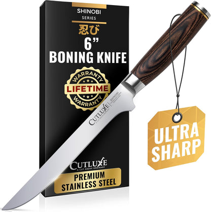 Japanese Boning Knife, 6" for Meat Cutting – Fillet Knife for Fish | Razor Sharp High Carbon Stainless Steel, Full Tang Pakkawood Handle – Shinobi Series