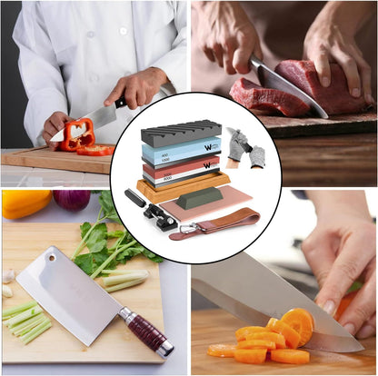 Knife Sharpening Stone Kit – 400/1000 3000/8000 Grit Wet Kitchen Whetstone Knife Sharpener Set with Non-slip Bamboo Rubber Base, Angle Guide, Flattening, Leather Strop and Cut Resistant Gloves